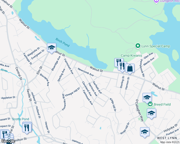 map of restaurants, bars, coffee shops, grocery stores, and more near 34 Newcomb Avenue in Saugus