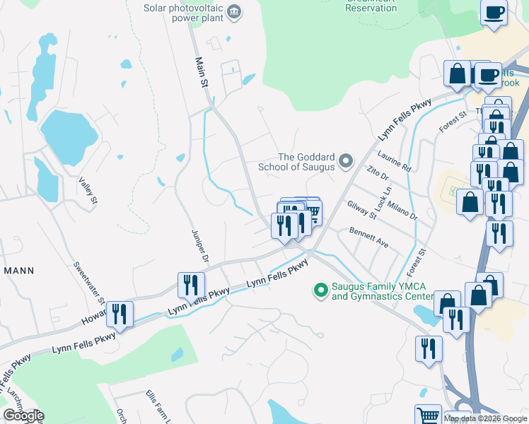 map of restaurants, bars, coffee shops, grocery stores, and more near 366 Main Street in Saugus