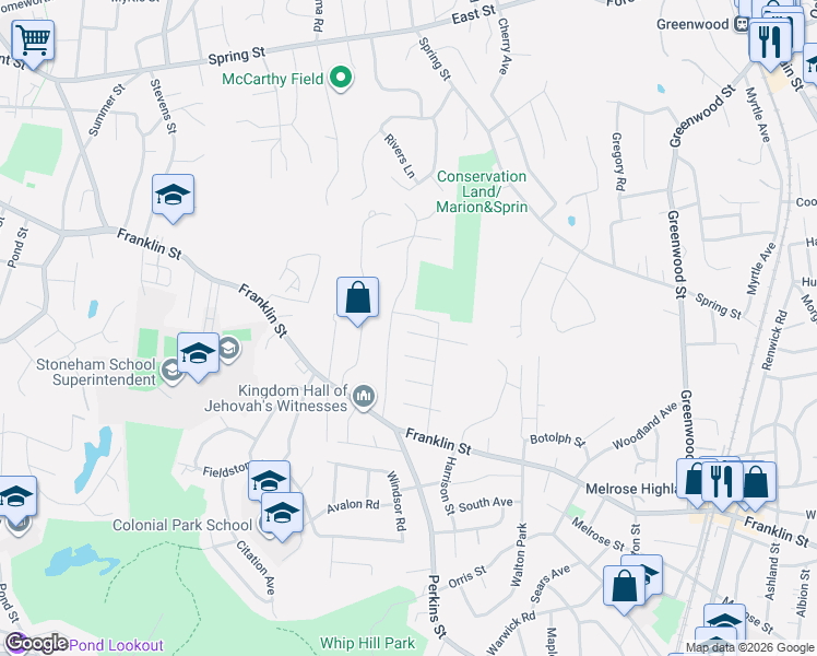 map of restaurants, bars, coffee shops, grocery stores, and more near 7 West Ferdinand Street in Stoneham