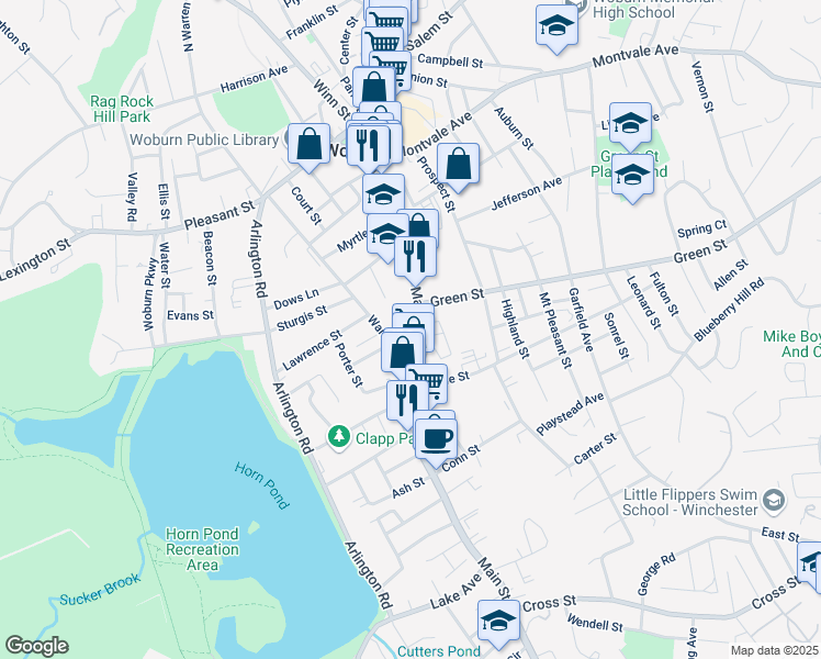 map of restaurants, bars, coffee shops, grocery stores, and more near 216 Main Street in Woburn