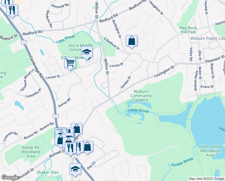 map of restaurants, bars, coffee shops, grocery stores, and more near 7 Willow Street in Woburn