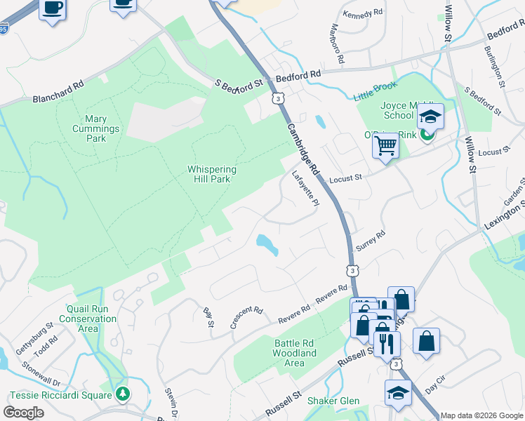 map of restaurants, bars, coffee shops, grocery stores, and more near 25 Sylvanus Wood Lane in Woburn