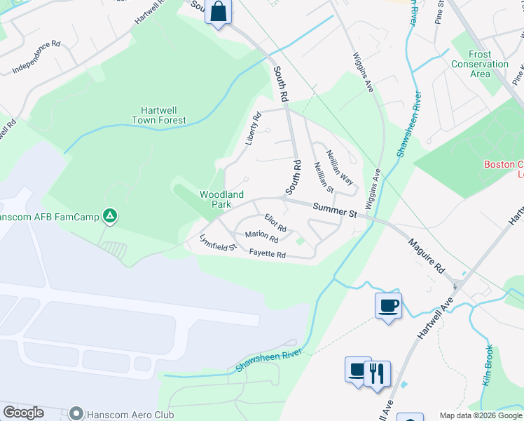 map of restaurants, bars, coffee shops, grocery stores, and more near 3 Saran Avenue in Bedford