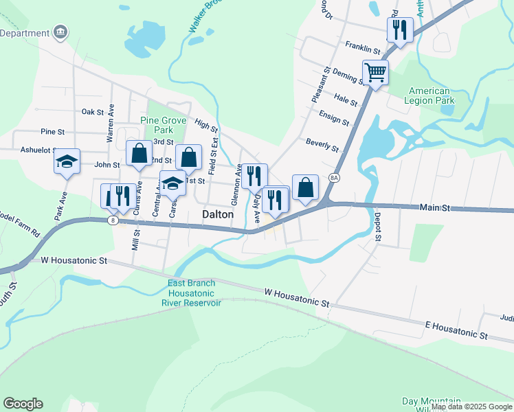 map of restaurants, bars, coffee shops, grocery stores, and more near 39 Daly Avenue in Dalton