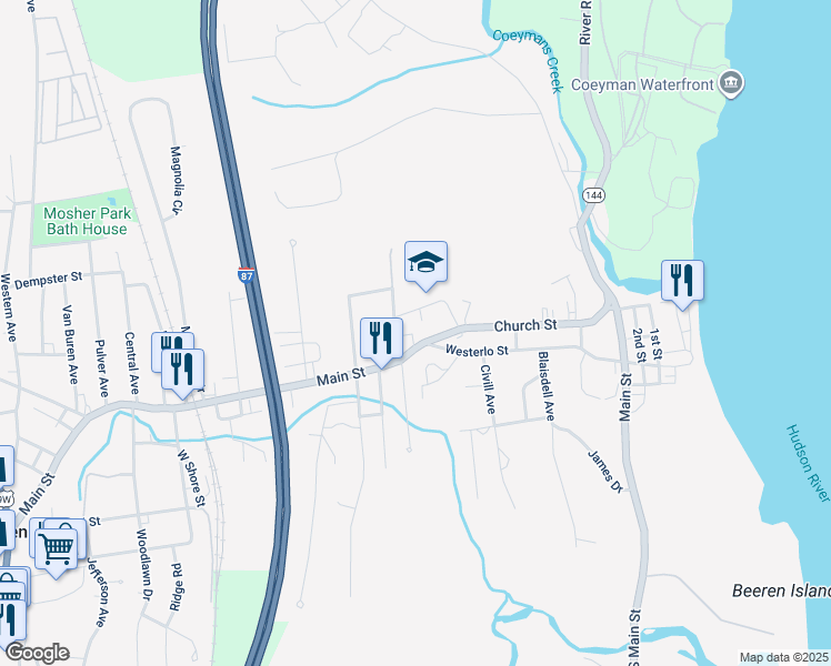 map of restaurants, bars, coffee shops, grocery stores, and more near 1 Main Street in Ravena