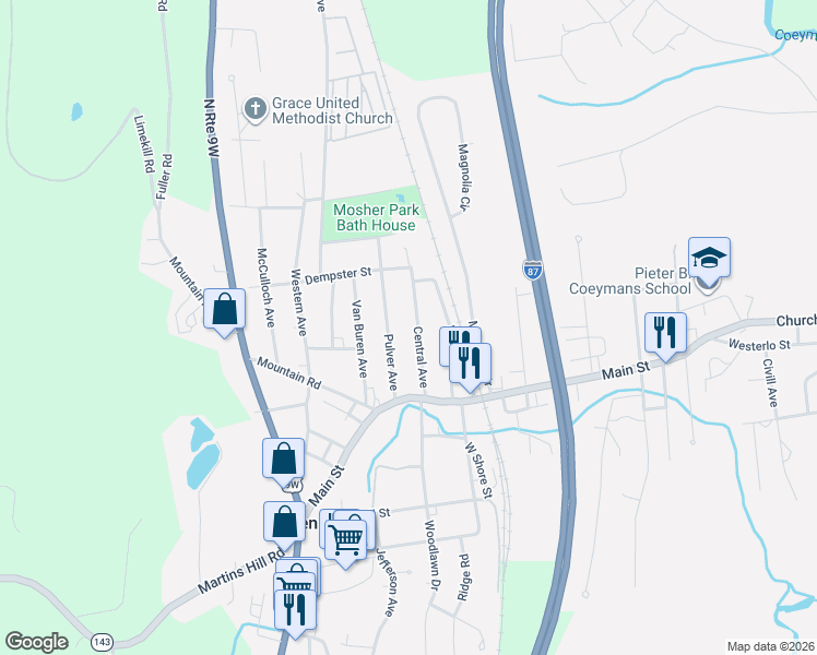 map of restaurants, bars, coffee shops, grocery stores, and more near 27 Central Avenue in Ravena