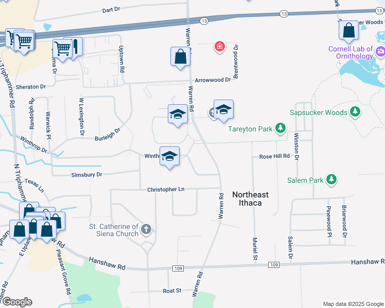 map of restaurants, bars, coffee shops, grocery stores, and more near 426 Winthrop Drive in Ithaca