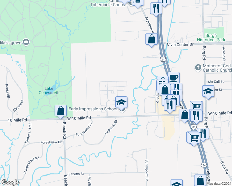 map of restaurants, bars, coffee shops, grocery stores, and more near 25230 Greenbrooke Drive in Southfield