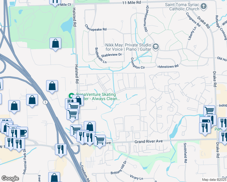 map of restaurants, bars, coffee shops, grocery stores, and more near 36681 Jefferson Court in Farmington Hills
