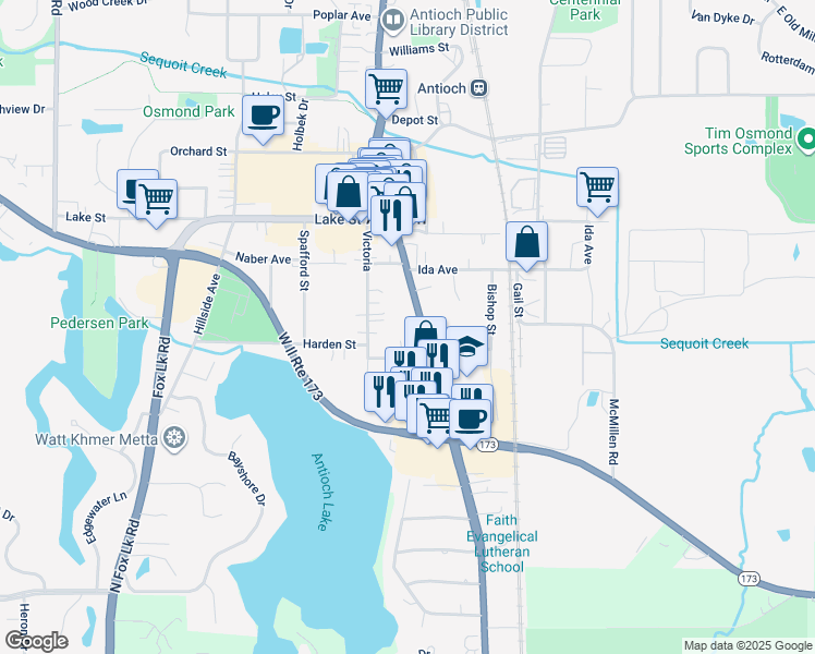 map of restaurants, bars, coffee shops, grocery stores, and more near 1054 Main Street in Antioch