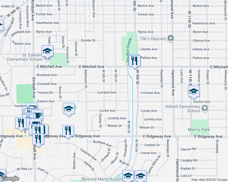 map of restaurants, bars, coffee shops, grocery stores, and more near 823-899 Lorraine Avenue in Waterloo