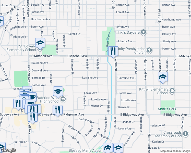 map of restaurants, bars, coffee shops, grocery stores, and more near 823-899 Lorraine Avenue in Waterloo