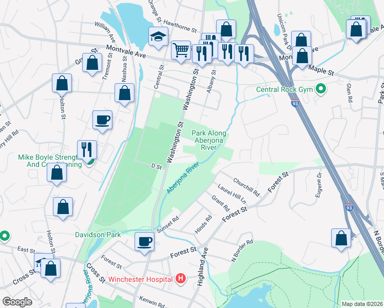 map of restaurants, bars, coffee shops, grocery stores, and more near 7 Washington Avenue in Woburn