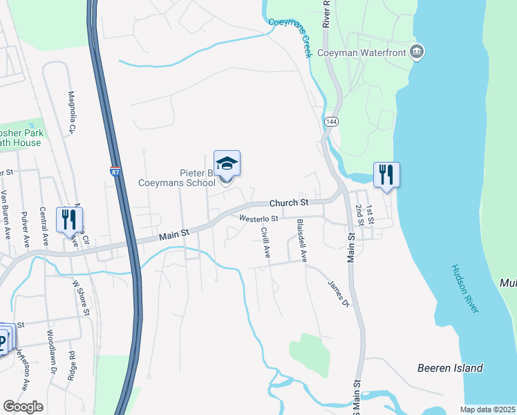 map of restaurants, bars, coffee shops, grocery stores, and more near 59 Church Street in Ravena