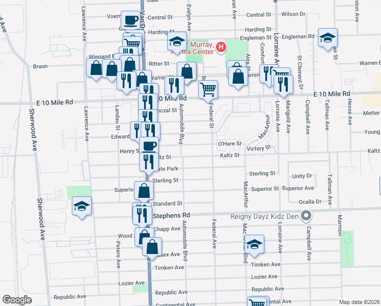 map of restaurants, bars, coffee shops, grocery stores, and more near 8225 Kaltz Street in Center Line