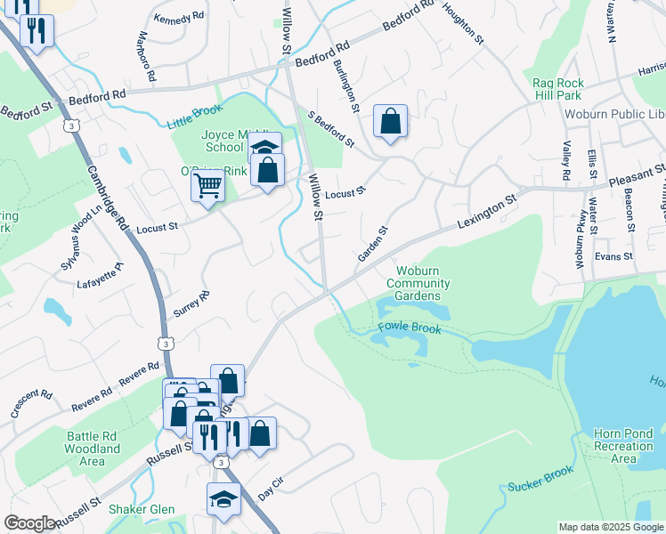 map of restaurants, bars, coffee shops, grocery stores, and more near 7 Willow Street in Woburn