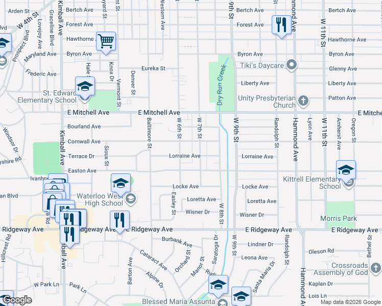 map of restaurants, bars, coffee shops, grocery stores, and more near 823 Lorraine Avenue in Waterloo