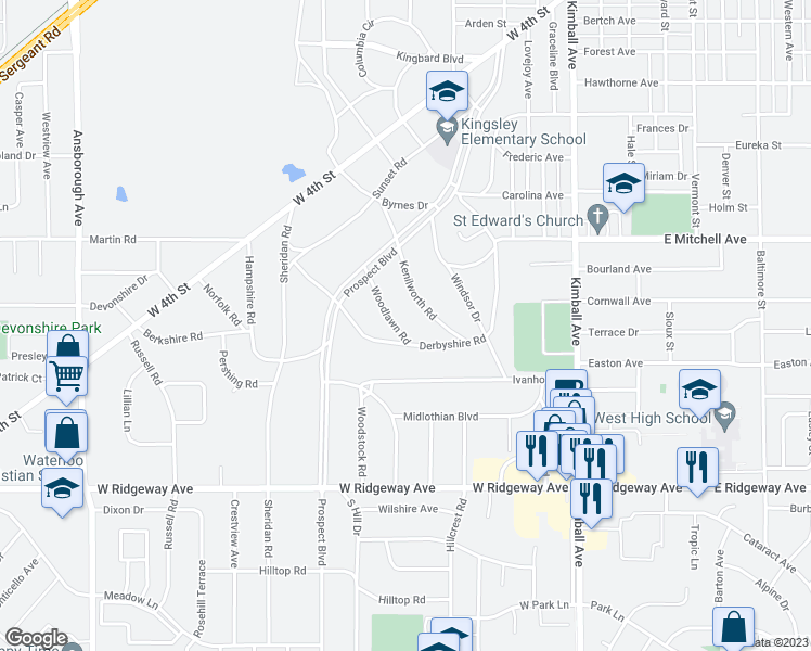map of restaurants, bars, coffee shops, grocery stores, and more near 165 Woodlawn Road in Waterloo