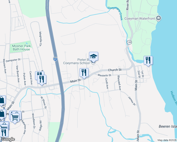 map of restaurants, bars, coffee shops, grocery stores, and more near 11 Main Street in Ravena