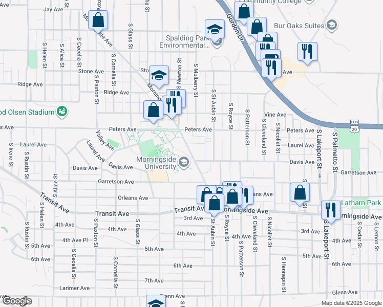 map of restaurants, bars, coffee shops, grocery stores, and more near 1626 Morningside Avenue in Sioux City
