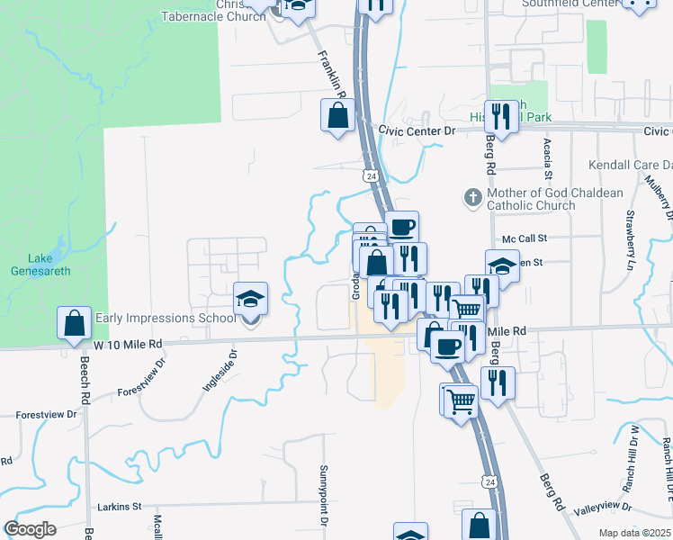 map of restaurants, bars, coffee shops, grocery stores, and more near 25325 Grodan Drive in Southfield