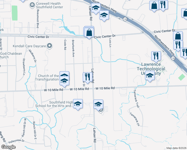 map of restaurants, bars, coffee shops, grocery stores, and more near 25160 Lahser Road in Southfield