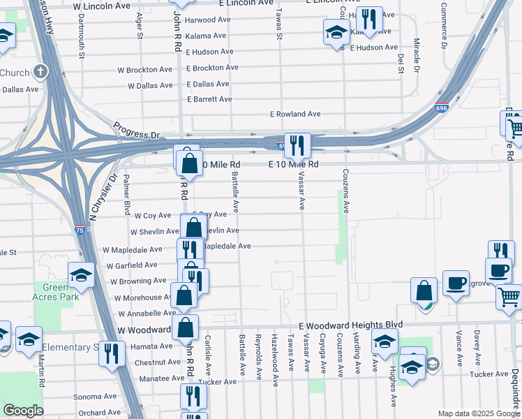 map of restaurants, bars, coffee shops, grocery stores, and more near 569 East Coy Avenue in Hazel Park