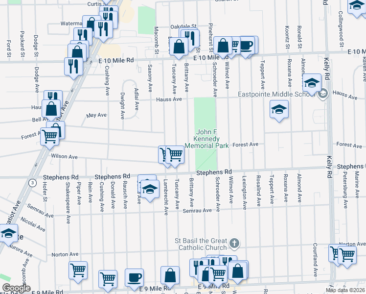map of restaurants, bars, coffee shops, grocery stores, and more near 24309 Brittany Avenue in Eastpointe