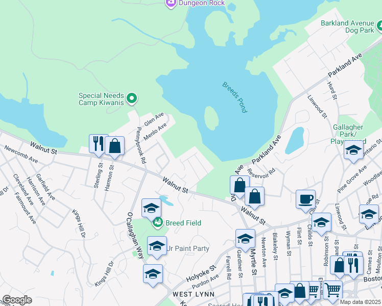map of restaurants, bars, coffee shops, grocery stores, and more near 1 Woodbury Avenue in Lynn