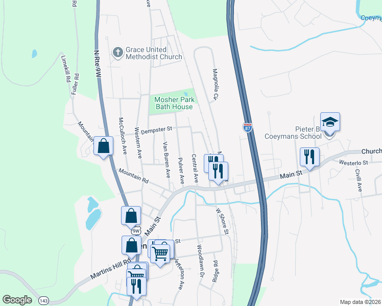 map of restaurants, bars, coffee shops, grocery stores, and more near 27 Central Avenue in Ravena