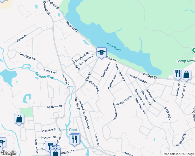 map of restaurants, bars, coffee shops, grocery stores, and more near 10 Sunset Drive in Saugus