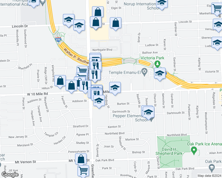 map of restaurants, bars, coffee shops, grocery stores, and more near 25026 Rue Versailles Drive East in Oak Park