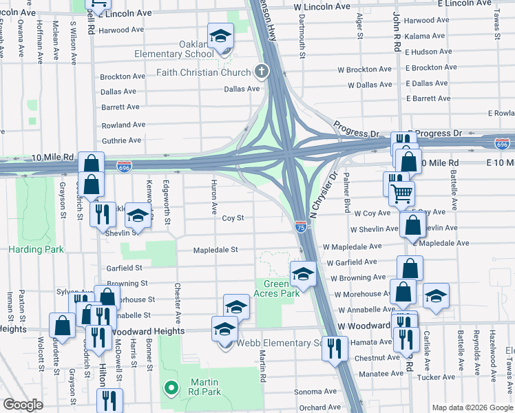 map of restaurants, bars, coffee shops, grocery stores, and more near 728 West Coy Avenue in Hazel Park