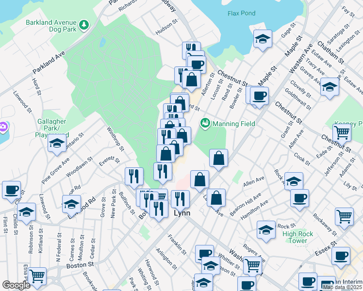 map of restaurants, bars, coffee shops, grocery stores, and more near 44 Stetson Street in Lynn
