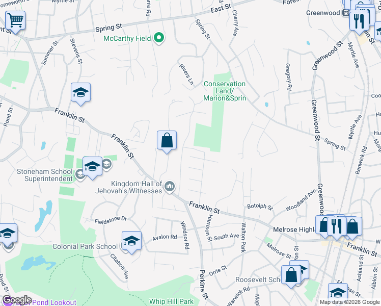map of restaurants, bars, coffee shops, grocery stores, and more near 7 W Ferdinand St in Stoneham