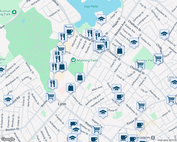 map of restaurants, bars, coffee shops, grocery stores, and more near in Lynn