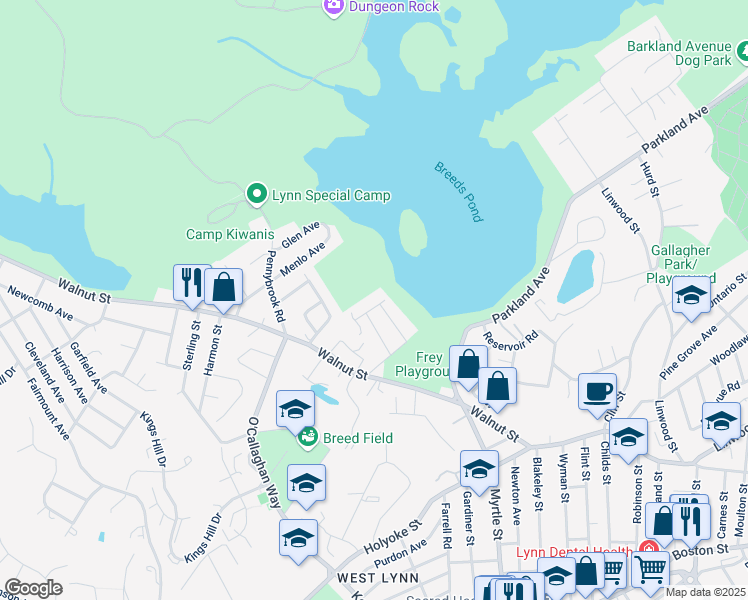 map of restaurants, bars, coffee shops, grocery stores, and more near 1 Woodbury Avenue in Lynn