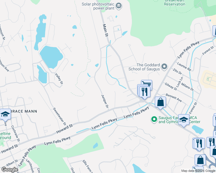 map of restaurants, bars, coffee shops, grocery stores, and more near 12 Heritage Lane in Saugus