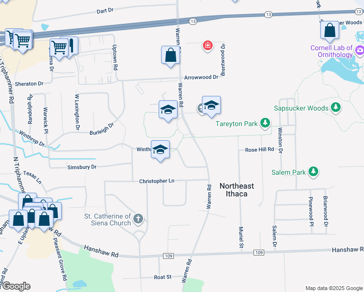 map of restaurants, bars, coffee shops, grocery stores, and more near 426 Winthrop Drive in Ithaca
