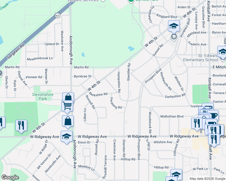 map of restaurants, bars, coffee shops, grocery stores, and more near 171 Berkshire Road in Waterloo