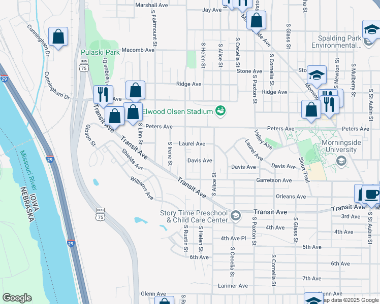 map of restaurants, bars, coffee shops, grocery stores, and more near 1623 South Helen Street in Sioux City