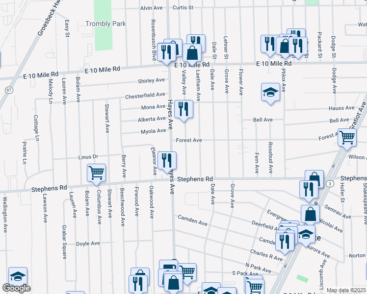 map of restaurants, bars, coffee shops, grocery stores, and more near 24347 Valley Avenue in Eastpointe