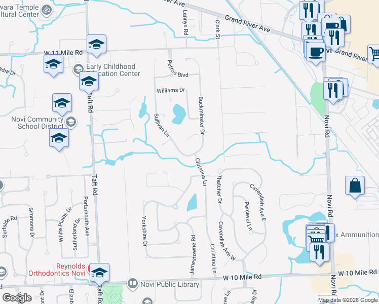 map of restaurants, bars, coffee shops, grocery stores, and more near 25050 Sullivan Lane in Novi