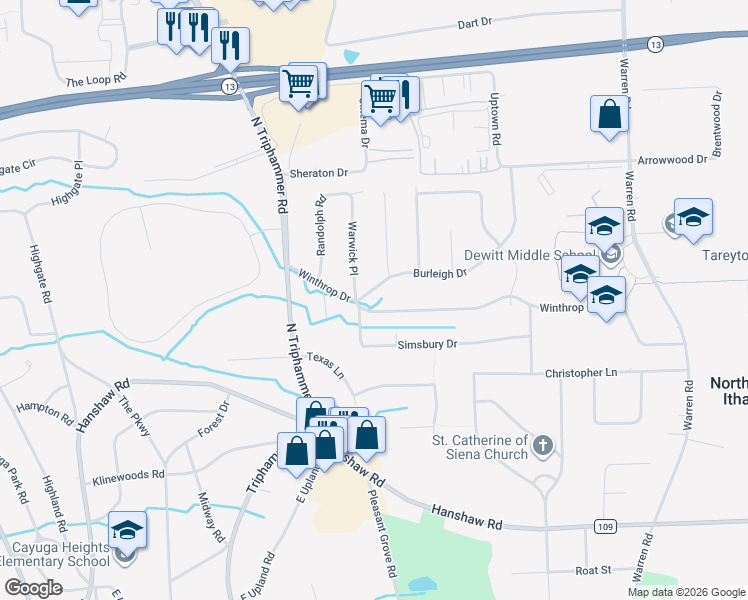 map of restaurants, bars, coffee shops, grocery stores, and more near 304 Winthrop Dr in Ithaca