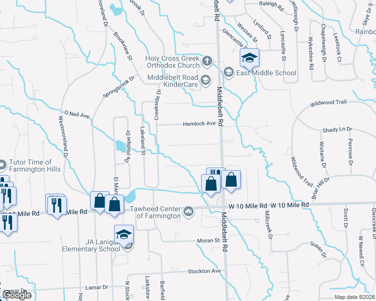 map of restaurants, bars, coffee shops, grocery stores, and more near 29671 Medbury Street in Farmington Hills