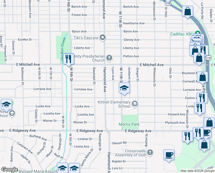 map of restaurants, bars, coffee shops, grocery stores, and more near 1325 Hammond Avenue in Waterloo