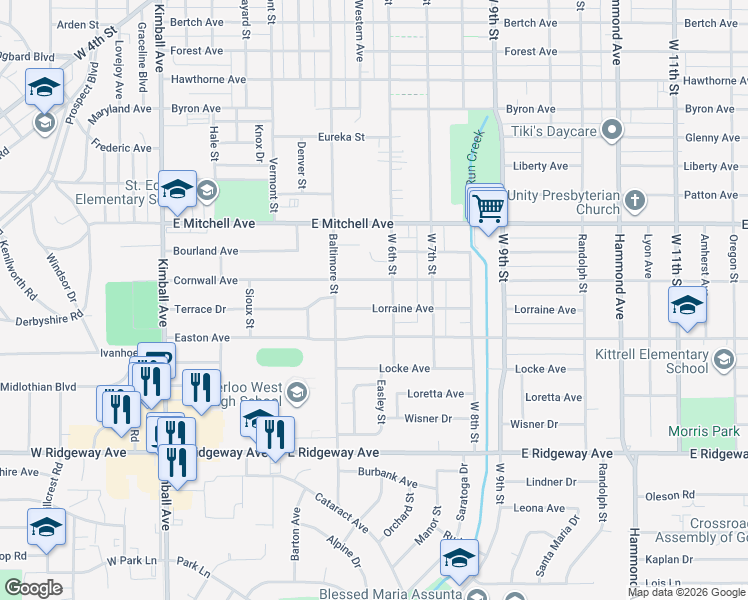 map of restaurants, bars, coffee shops, grocery stores, and more near 727 Lorraine Avenue in Waterloo