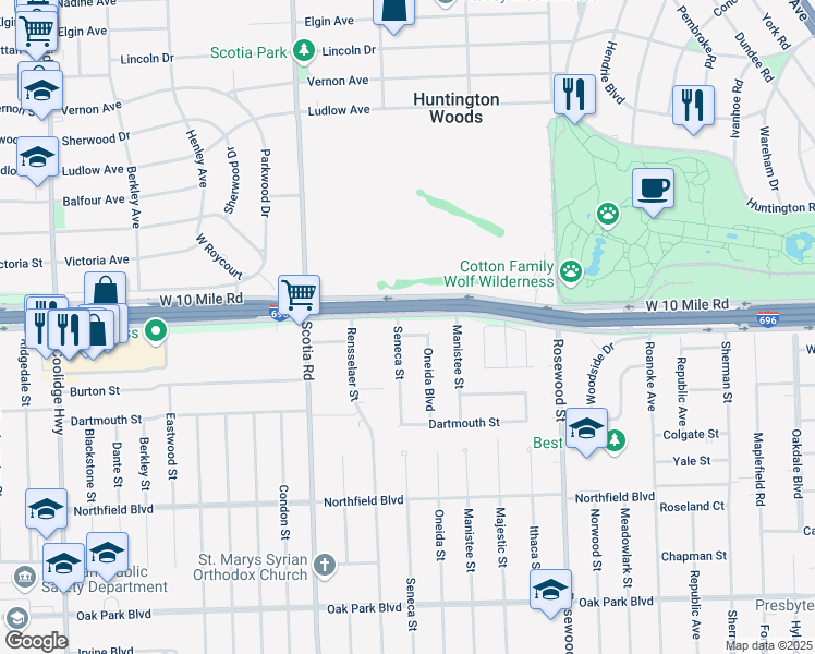 map of restaurants, bars, coffee shops, grocery stores, and more near 10460 Oneida Ave in Oak Park