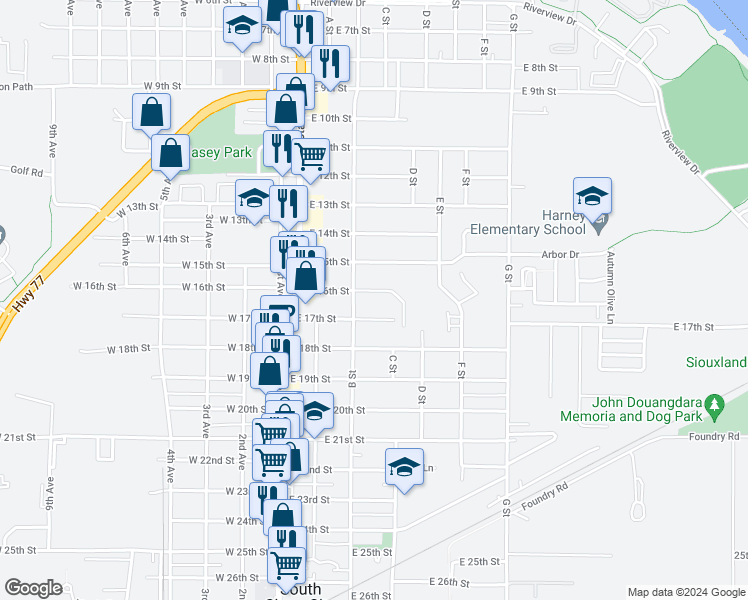 map of restaurants, bars, coffee shops, grocery stores, and more near 316 East 16th Street in South Sioux City