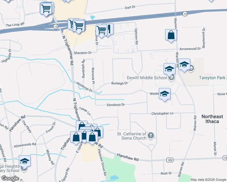 map of restaurants, bars, coffee shops, grocery stores, and more near 310 Winthrop Dr in Ithaca